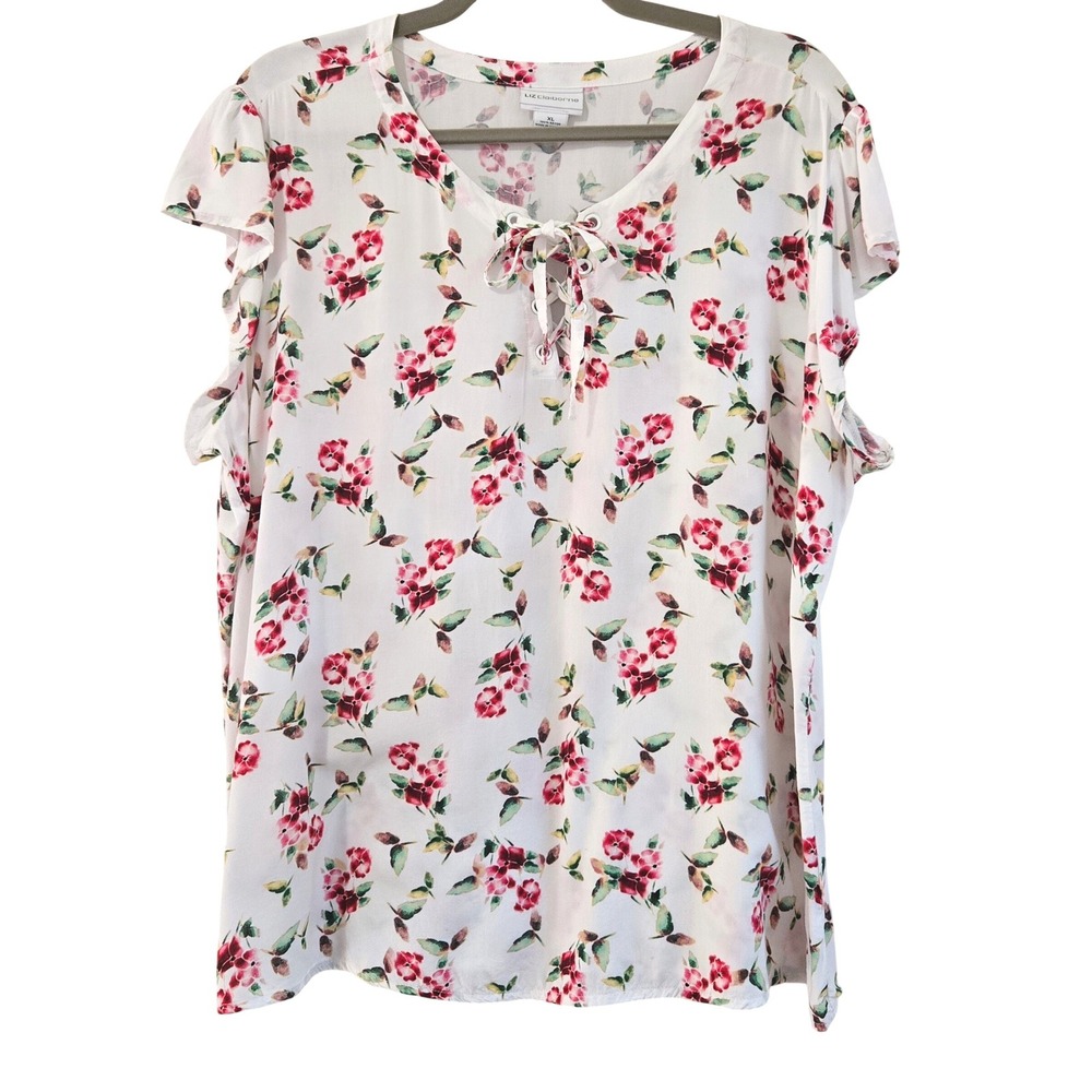 Liz Claiborne Cottagecore Floral Lace Up Flutter Sleeve Blouse White Fuchsia XL